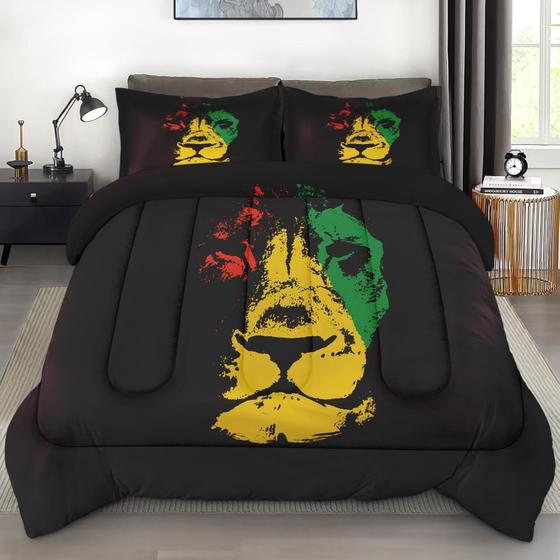 Imagem de Conjunto de Edredom Pamnest King Size - Leão Africano (Amarelo, Verde e Vermelho)