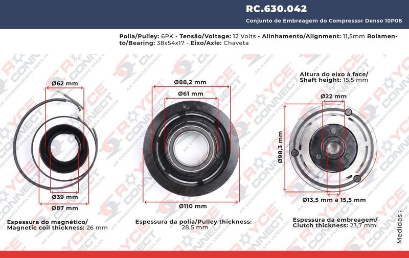 Imagem de Conjunto de Embreagem do Compressor Denso 10P08 12 Volts 6pk 110mm