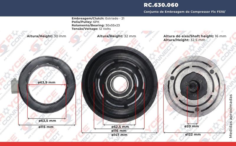 Imagem de Conjunto de Embreagem do Compressor Fic FS10 FX15 HS15 Ranger F250 Gasolina Ecosport 12V 6pk 148mm