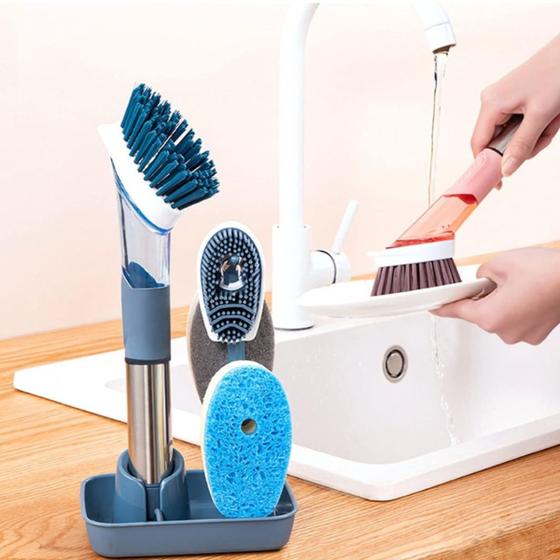 Imagem de Conjunto de escovas de louça com dispensador de sabão com 4 cabeças de substituição e suporte para limpeza de panelas