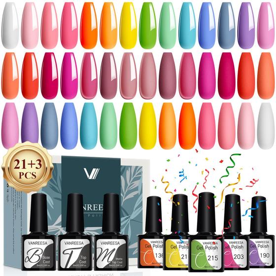 Imagem de Conjunto de esmaltes de gel VANREESA, 24 unidades, 21 cores, base e camada superior