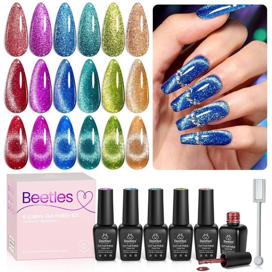 Imagem de Conjunto de esmaltes em gel Beetles Cat Eye 6 cores 7,5 mL com ímã