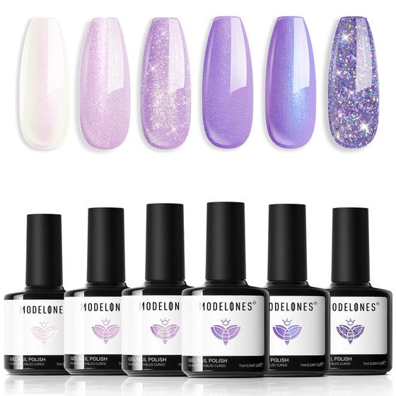 Imagem de Conjunto de Esmaltes em Gel Modelones - 6 Cores com Glitter Roxo
