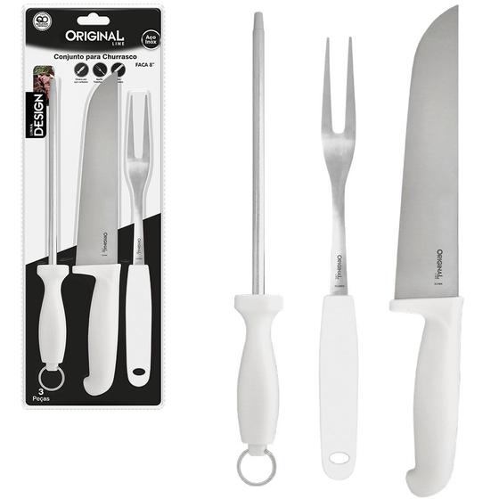 Imagem de conjunto de faca de churrasco 8'' + garfo 7'' + chaira 8'' de inox cabo plastico branco pantanal