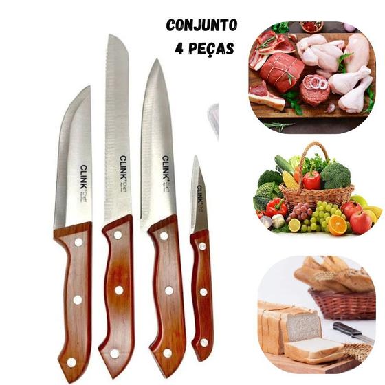 Imagem de Conjunto de Facas 4 Peças Aço Inox Para Carnes Legumes e Pão  Linha Chef Clink