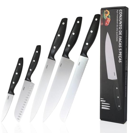 Imagem de Conjunto de Facas 5 Peças Grandes Cozinha de Aço Inoxidável 3CR13 Espessura de Lâmina Forte Robusta Premium Faca do Chef Santoku Pão Multifunção