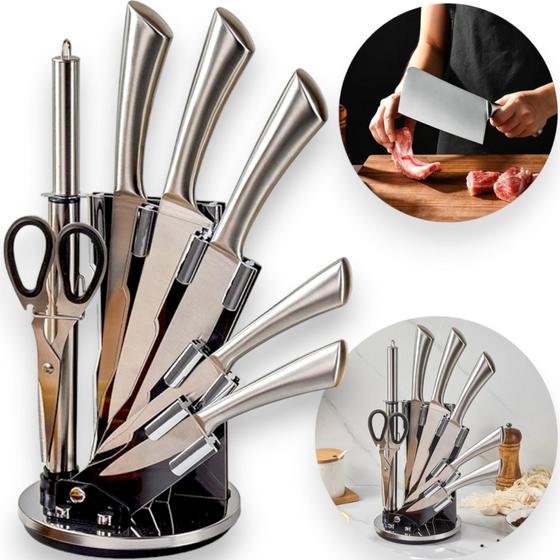 Conjunto De Facas Inox Para Cozinha Com Suporte E Afiador 8 Peças Premium Faqueiro Profissional