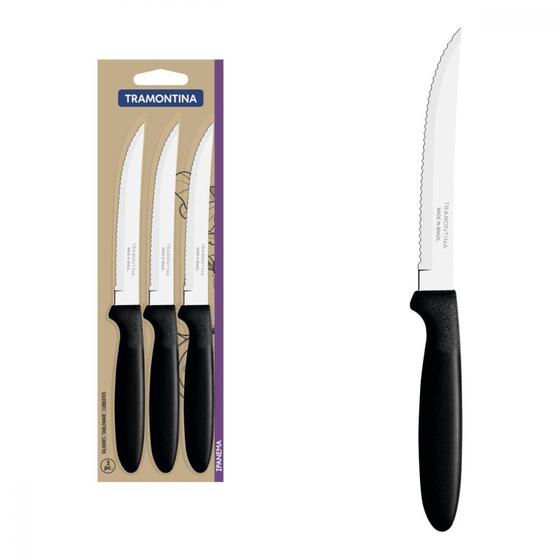 Imagem de Conjunto de Facas para Churrasco Tramontina Ipanema com Laminas em Aço Inox e Cabos de Polipropileno Preto 3 Peças