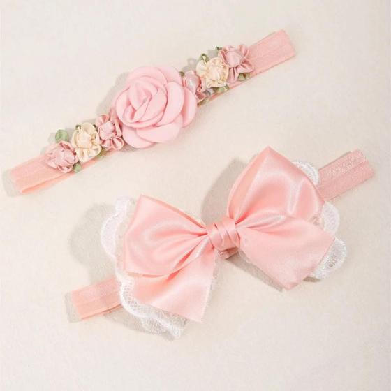 Imagem de Conjunto De Faixa De Cabelo Com Laço De Renda Simulada Para Menina Bebê 2 Peças Acessórios Para