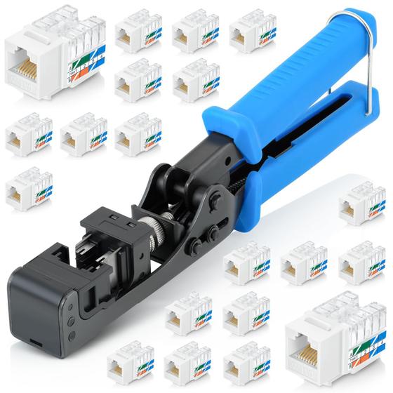 Imagem de Conjunto de ferramentas Everest EasyJack com terminação de velocidade angular de 90 com 20 conectores RJ45 Cat6 Keystone