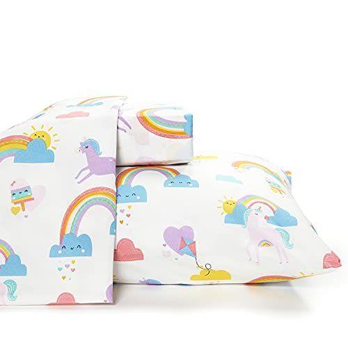 Imagem de Conjunto de folhas completas  Arco-íris & Unicórnio, Resistente a Manchas & Rugas, Folhas de Resfriamento para Cama Cheia  Macio 90 GSM Flat & Fitted Sheets com 2 Capas de Travesseiro por Onde as Polka Dots Vagam