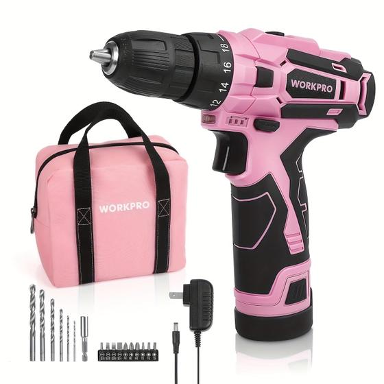 Imagem de Conjunto de furadeiras sem fio WORKPRO 12V com carregador e bolsa rosa