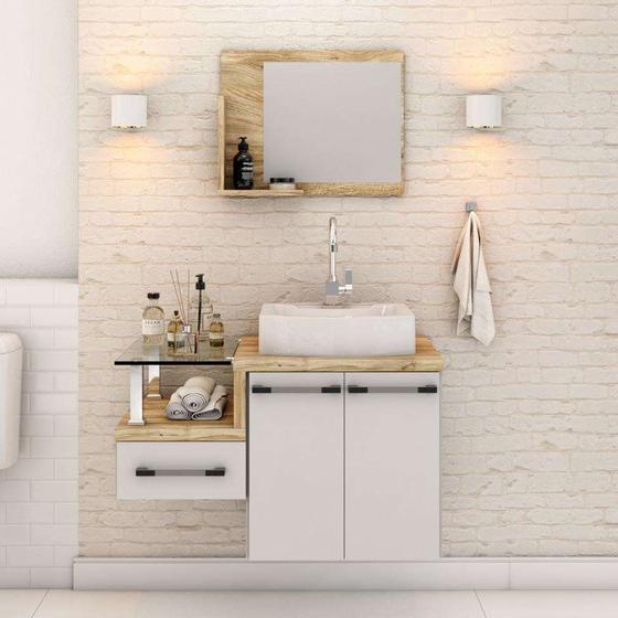 Imagem de Conjunto de Gabinete de Banheiro com Cuba Aria 41 e Espelheira Wood 2 PT 1 GV Branco e Carvalho