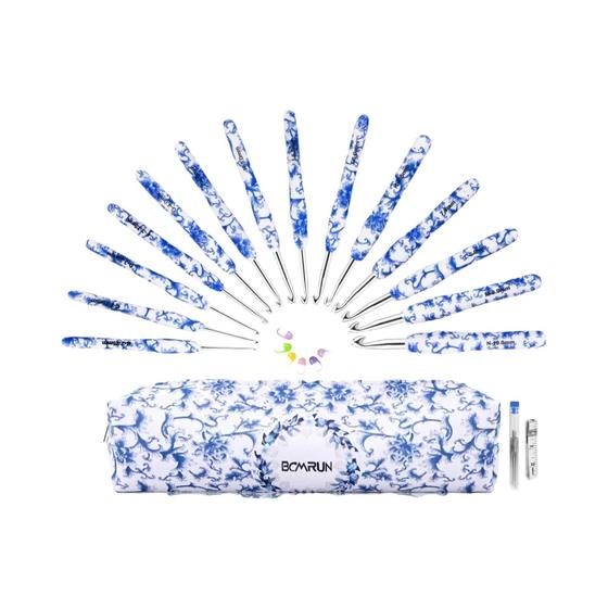 Imagem de Conjunto De Ganchos De Crochê De Porcelana Branca Azul 14 Tamanhos 2,25 Mm-10 Mm Com Estojo Para