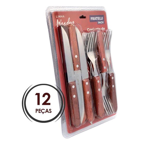 Imagem de Conjunto de Garfo e Faca Inox 12 Peças - Wooden