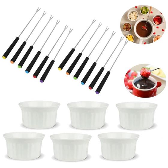 Imagem de Conjunto de Garfos para Fondue 12 Pecas + 6 Mini Tigela Brancas  Kit 