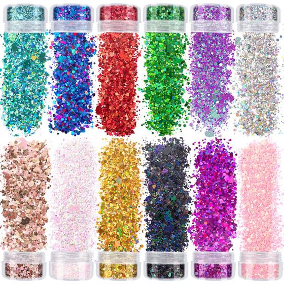 Imagem de Conjunto de Glitter Chunky GA&EN - 12 Cores e 96g com Cola