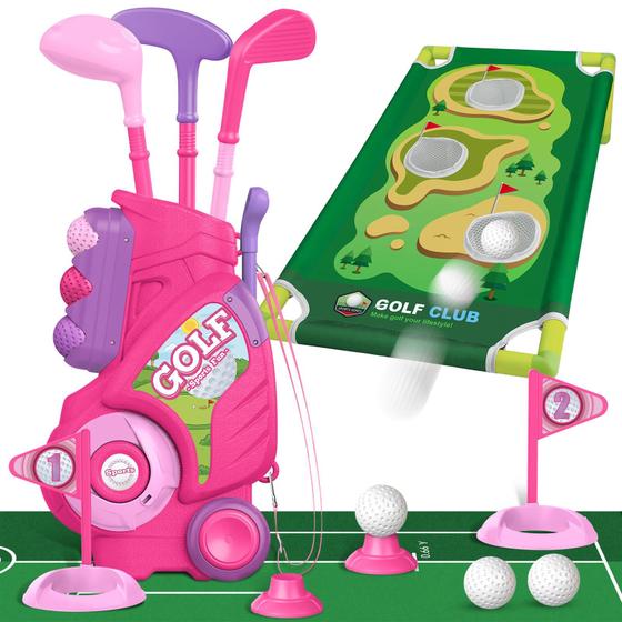 Imagem de Conjunto de golfe Liberry Toddler para 2 a 5 anos com carrinho de golfe e tapete rosa