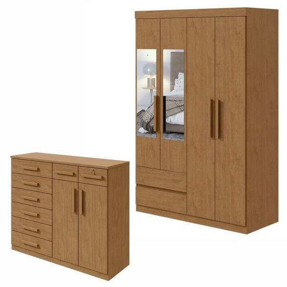 Imagem de Conjunto de Guarda-roupa 4 Portas 2 Gavetas Zeus com Espelhoe Cômoda 8 Gavetas 2 Portas Toronto