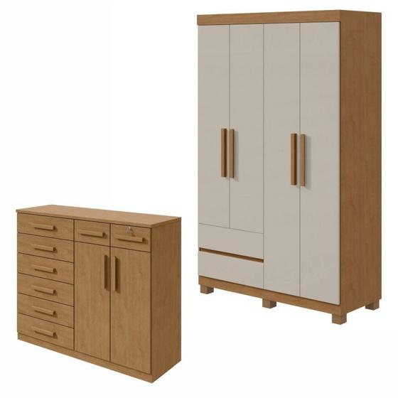 Imagem de Conjunto de Guarda-roupa 4 Portas 2 Gavetas Zeus com Pése Cômoda 8 Gavetas 2 Portas Toronto