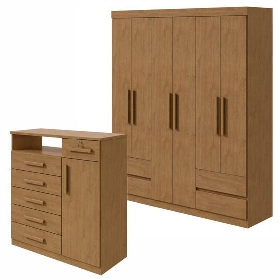 Imagem de Conjunto de Guarda-Roupa 6 Portas 4 Gavetas Zeuse Cômoda 1 Porta 6 Gavetas 1 Nicho Da Vinci Amêndoa Clean