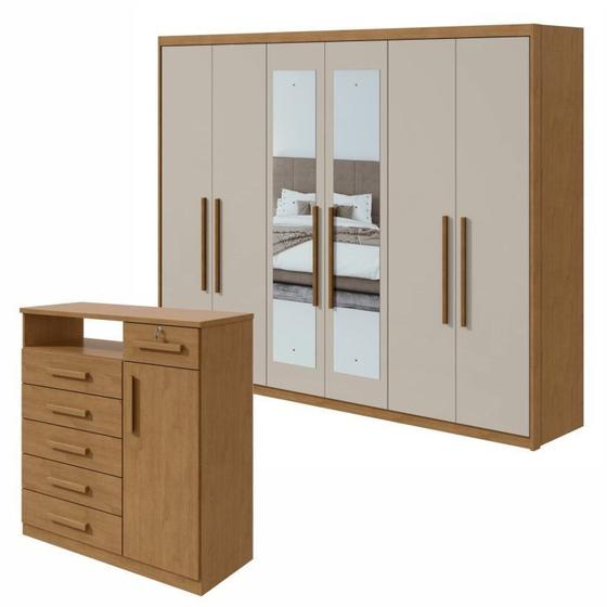 Imagem de Conjunto de Guarda-roupa 6 Portas Áries com Espelho e Cômoda da Vinci