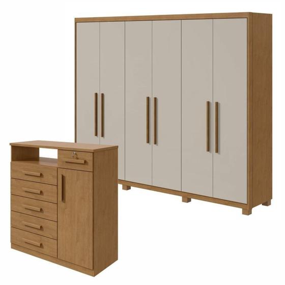 Imagem de Conjunto de Guarda-roupa 6 Portas Áries com Pés e Cômoda da Vinci com Nicho