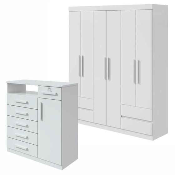 Imagem de Conjunto de Guarda-Roupa Casal 6 Portas 4 Gavetas Zeuse Cômoda 1 Porta 6 Gavetas Da Vinci Branco