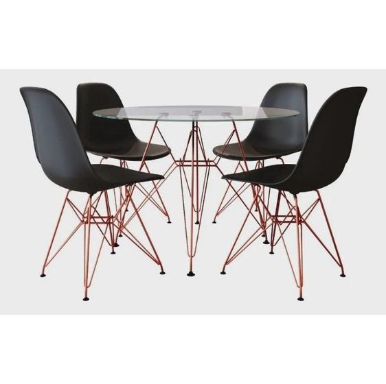 Imagem de Conjunto De Jantar Eames De Ferro Cobre Tampo Redondo 110cm Vidro 4 Cadeiras Pretas