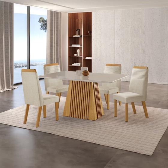 Imagem de Conjunto de Jantar Mesa Áustria 120cmx80cm Tampo Mdf/vidro com 4 Cadeiras Catar Yescasa Castanho Cinamomo/Creme/Off White