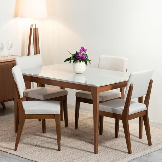 Imagem de Conjunto de Jantar Mesa com Vidro 4 Cadeiras Ella - Natural c/ Off White