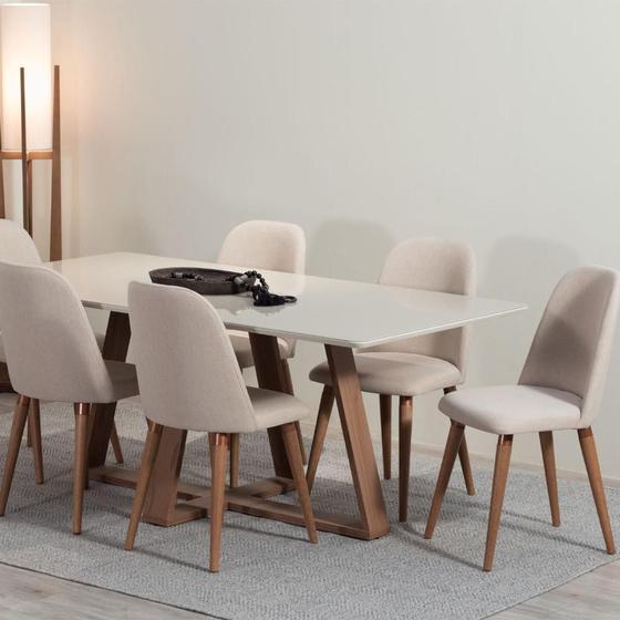 Imagem de Conjunto de Jantar Mesa com Vidro Avena 6 Cadeiras New Drop - Canella c/ Bege