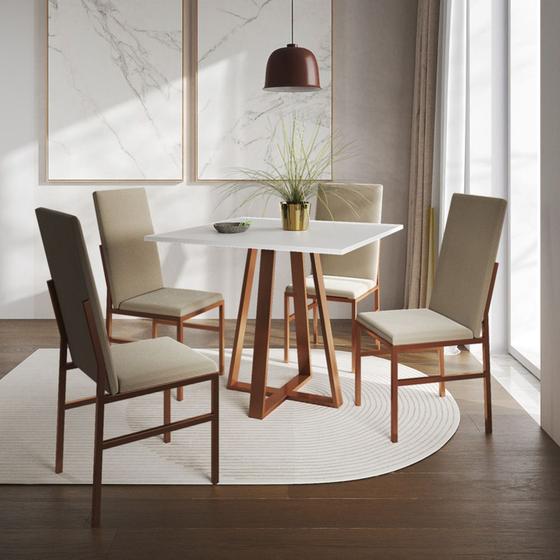 Imagem de Conjunto de Jantar Mesa Mônaco Premium 90cm Branca com 4 Cadeiras Estofadas Bege Base Cobre