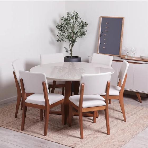 Imagem de Conjunto de Jantar Mesa Redonda com Vidro Bennett 6 Cadeiras Ella - Natural c/ Off White
