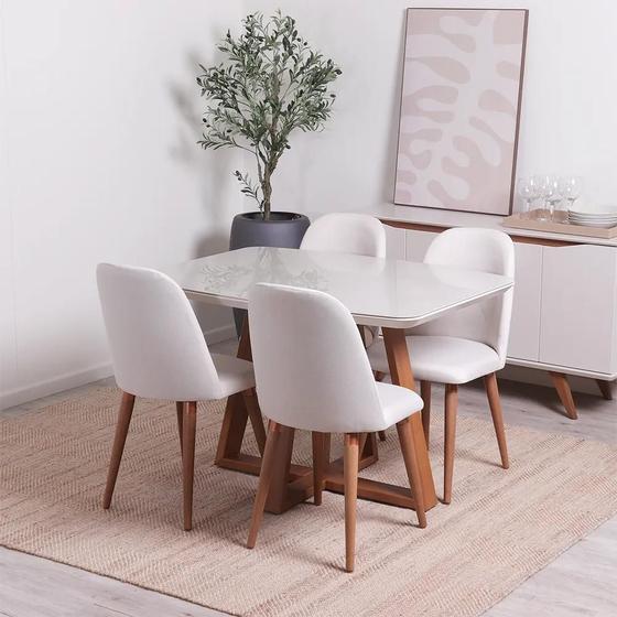 Imagem de Conjunto de Jantar Mesa Retangular com Vidro Bennett 4 Cadeiras New Drop - Natural c/ Bege
