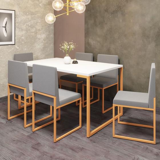 Imagem de Conjunto de Jantar Stan Industrial Mesa Quadrada 150x90cm Com 6 Cadeiras Ferro Dourado Tampo Branco material sintético Cinza - Ahazzo Móveis