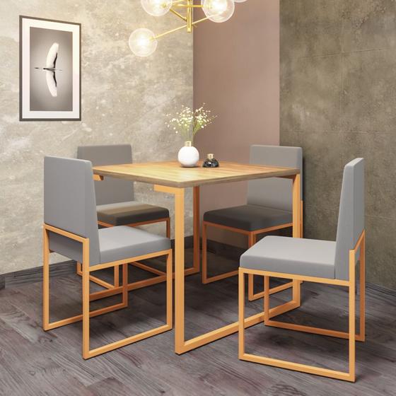 Imagem de Conjunto de Jantar Stan Industrial Mesa Quadrada 90x90cm Com 4 Cadeiras Ferro Dourado Tampo Caramelo Suede Cinza - Ahz Móveis