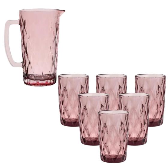 Imagem de Conjunto de jarra e copos de vidro diamond rosa 1,2l e 350ml