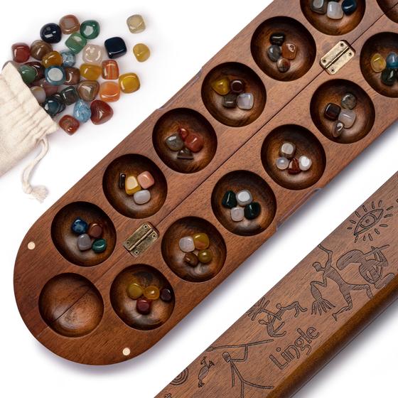 Imagem de Conjunto de jogos de tabuleiro Mancala Lingle Deluxe com madeira real e pedras preciosas