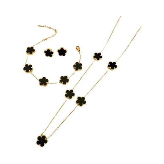 Imagem de Conjunto de Joias de Aço Inoxidável com Trevo Dupla Face - Colar, Brincos e Pulseira