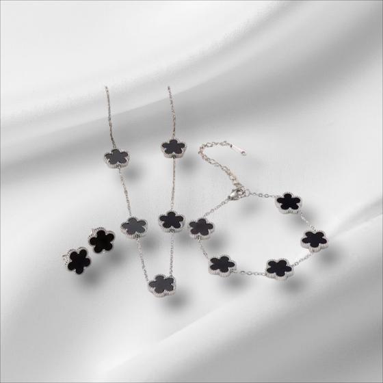 Imagem de Conjunto de Joias Luxuoso  Design de Trevo em Prata com Estilo Ônix Negro
