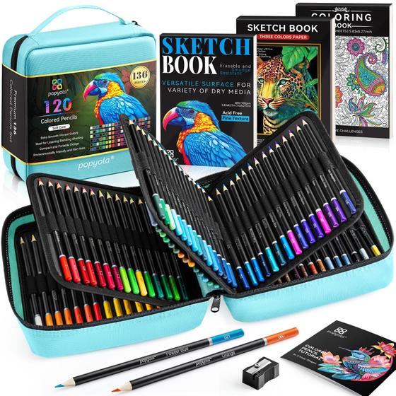 Imagem de Conjunto de lápis de cor POPYOLA 120 cores com caderno de desenho 136 unidades