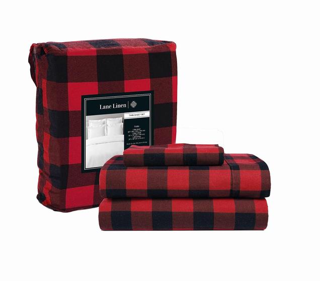 Imagem de Conjunto de lençóis LANE LINEN Flannel 100% algodão, tamanho duplo, vermelho