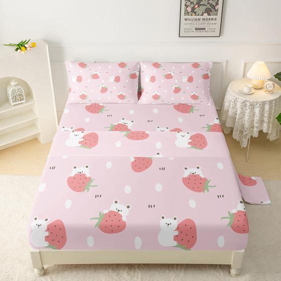 Imagem de Conjunto de lençóis QOOMO Bear Strawberry Kids Lençóis Queen Size