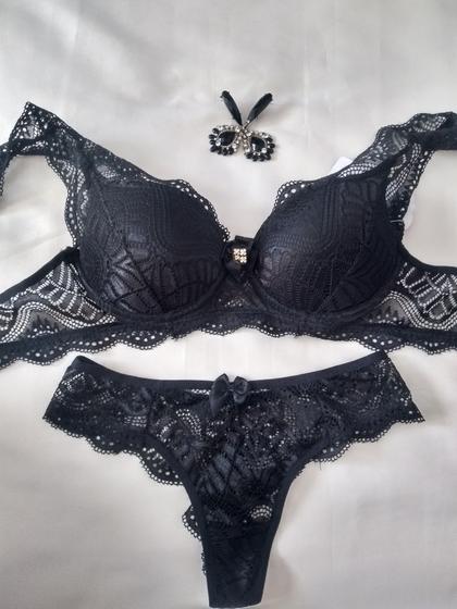 Imagem de Conjunto de lingerie em renda Preto M Borboleta moda íntima
