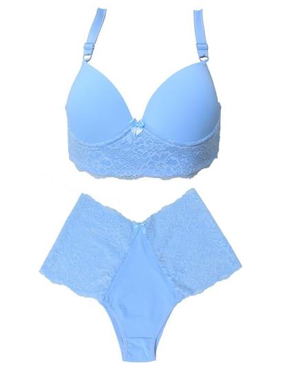 Imagem de Conjunto de lingerie plus size com bojo em microfibra e renda Sensual Azul Claro