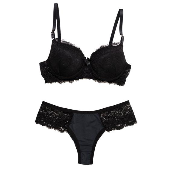 Imagem de Conjunto de Lingerie Renata Preto Micro Renda Sutiã Push Up