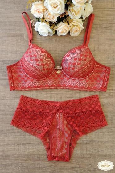 Imagem de Conjunto de Lingerie Rendado, Sutiã com Base Reforçada - Divina - Tijolo - M