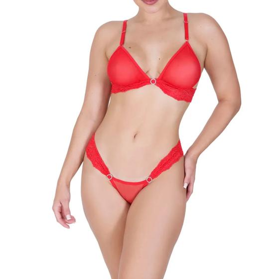 Imagem de Conjunto de Lingerie sem Bojo em Tule e Renda com Argola de Strass