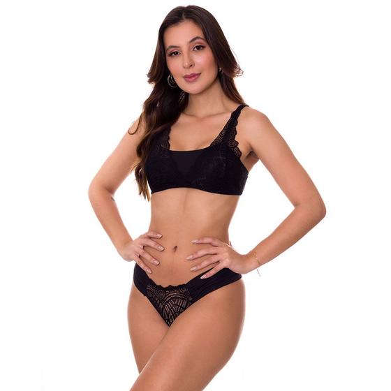 Imagem de Conjunto de Lingerie Sutiã Top Sem Bojo e Calcinha em Microfibra e Renda Estilo Sedutor - VF50